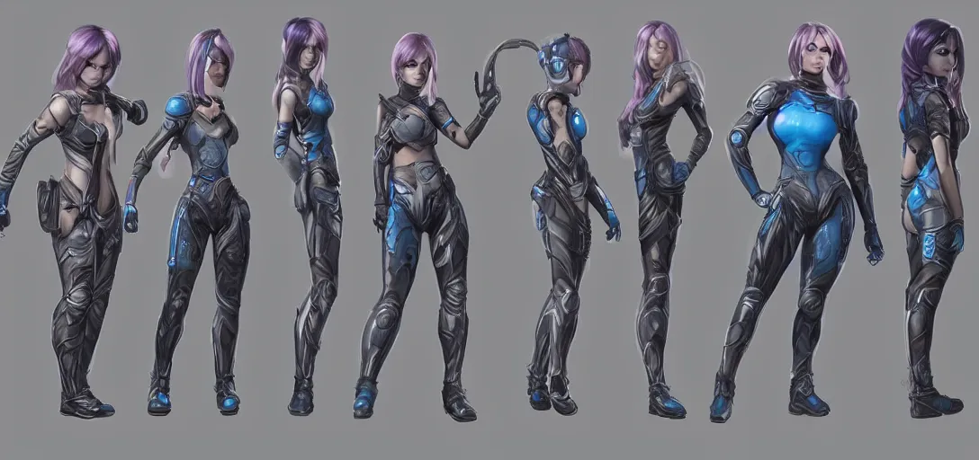 Image similar to character sheet concept art of female video game characters, cortana, renaissance, futurepunk, bright, parkour, rebel, realistic, hyperrealistic, photographic, costume, by marc brunet and artgerm