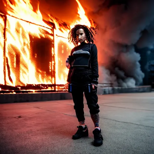 Prompt: Candid extreme wide shot of a poor techwear mixed woman with short hair and tattoos outside of a futuristic Los Angeles on fire, cyberpunk, 4k, extreme long shot, desaturated, full shot, action shot, motion blur, depth of field, sigma 85mm f/1.4, high resolution, 4k, 8k, hd, full color, award winning photography, war photography