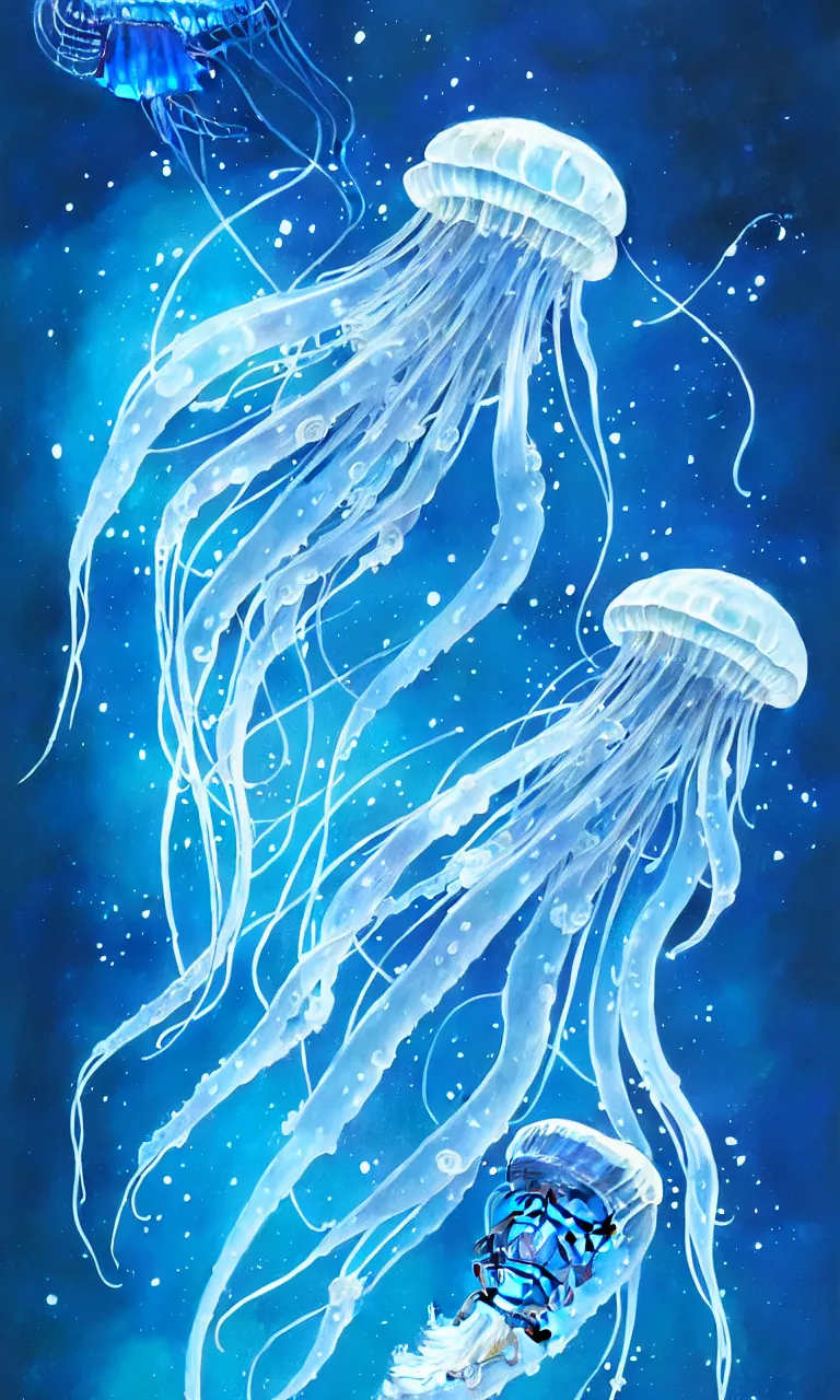 Image similar to detailed jellyfish in space, blue tones, underwater, full frame, highly detailed, digital painting, artstation, concept art, smooth, sharp focus, illustration, art greg rutkowski and alphonse mucha