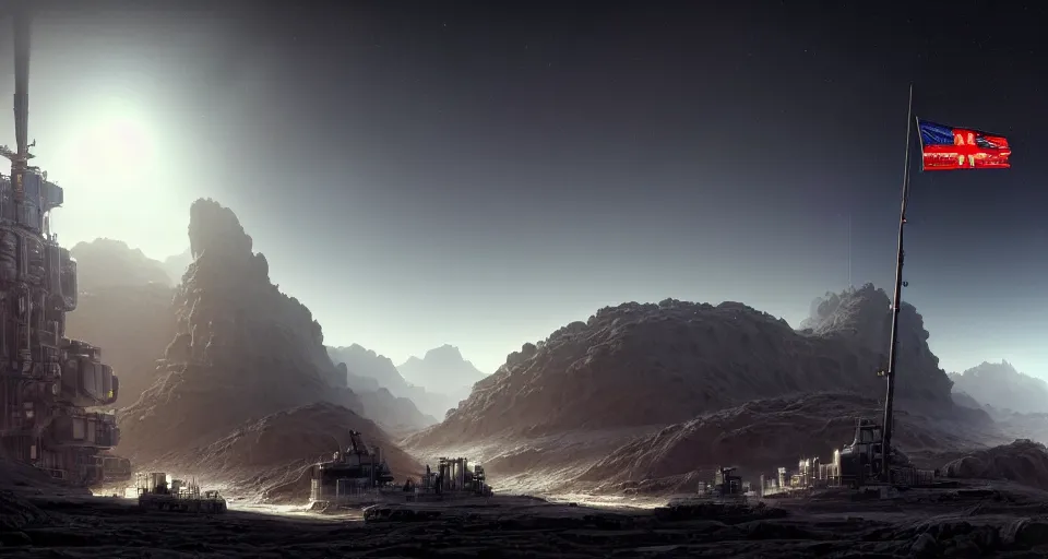 Image similar to a highly detailed digital matte painting of a high - tech mining colony with a large black flag billowing on a flagpole, on the surface of an asteroid in space, by raphael lacoste and stephan martiniere and peter mohrbacher and robert mccall, volumetric lighting, hyperdetailed, octane render, 8 k h - 6 4 0