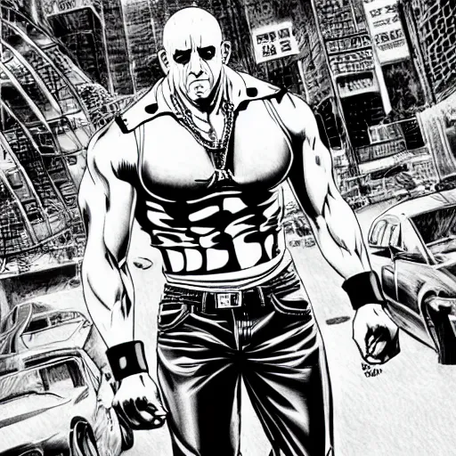 Image similar to Black and white drawing of Vin Diesel walking like a Italian model in JoJo\'s Bizzare Adventure style, highly detailed, sharp focus, 1990 manga panel, anime, ArtStation, art by Hirohiko Araki