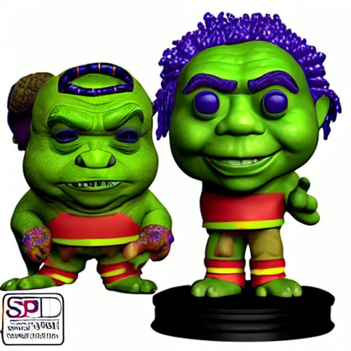 Image similar to 3D render vinyl Funko Pop Shrek figures with clown makeup, realism, 8K, RTX