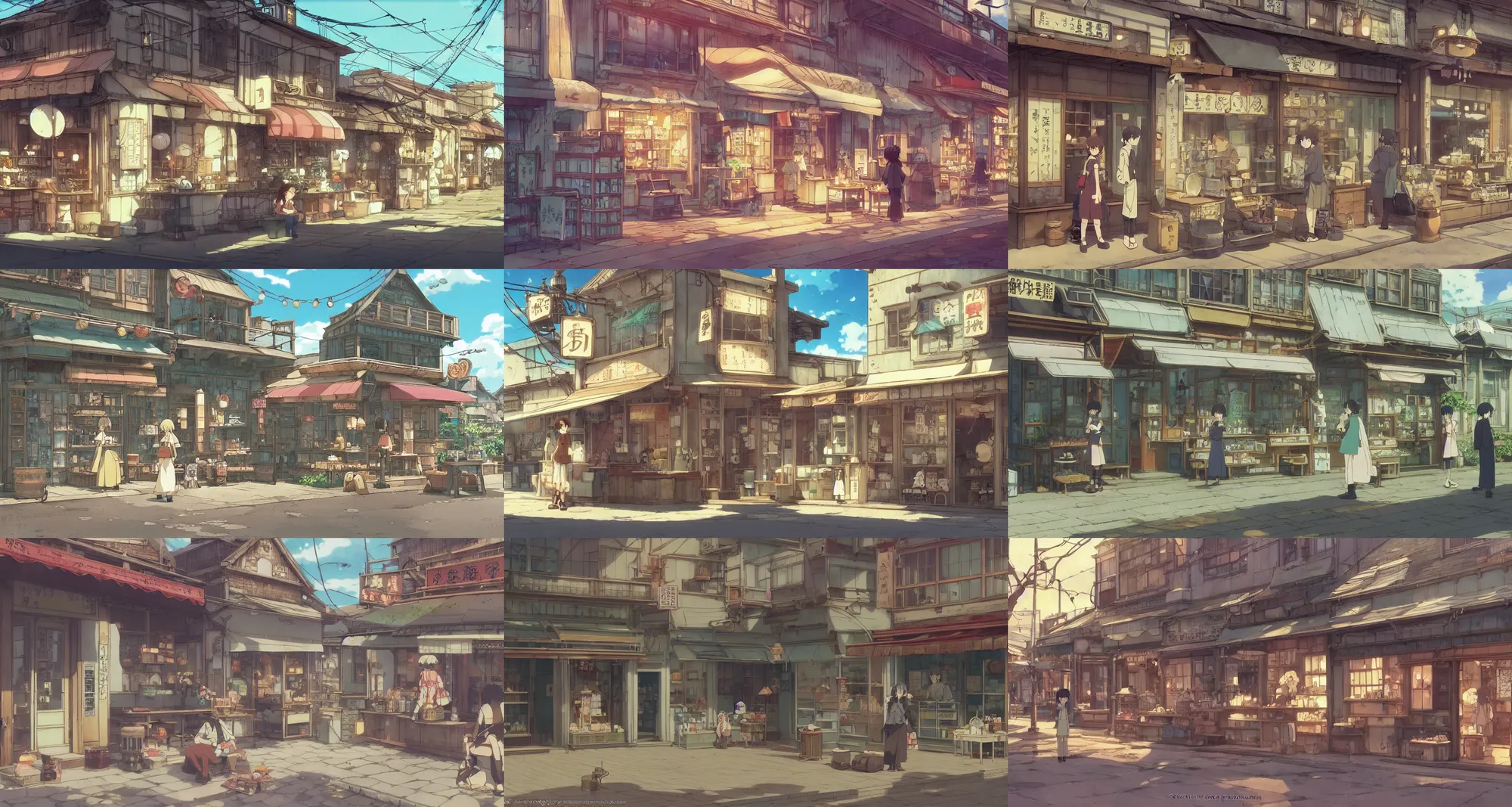 Prompt: beautiful slice of life anime scene of rural steampunk storefront, relaxing, calm, cozy, peaceful, by mamoru hosoda, hayao miyazaki, makoto shinkai