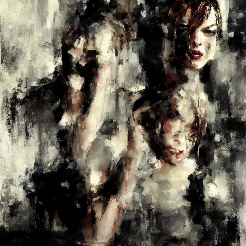 Prompt: A painting of Milla Jovovich, by Jeremy Mann