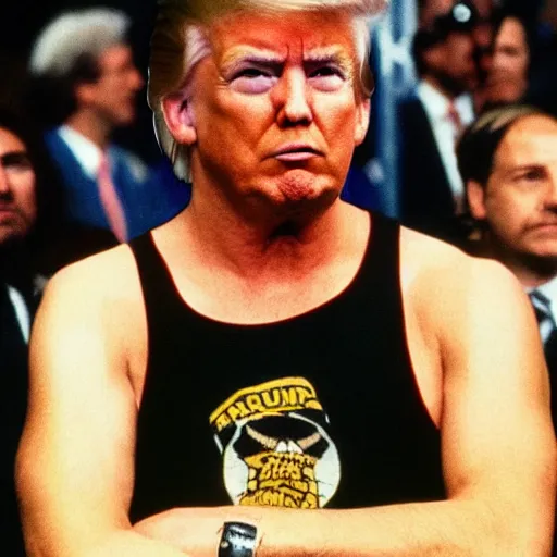 Image similar to donald trump emo cage fighter, 1 9 8 5 wrestlemania