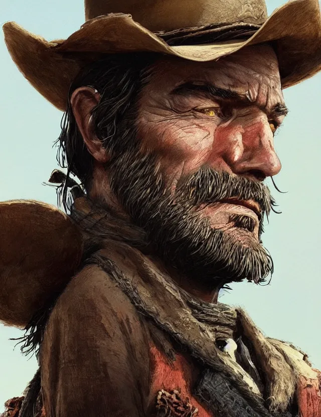 Prompt: close face portrait of an old male cowboy as red dead redemption 2 concept art, art by ryo shiotani and greg rutkowski, intricate, beautiful, cute, cinematic lighting, vintage art by serge ivanoff, high resolution, very detailed