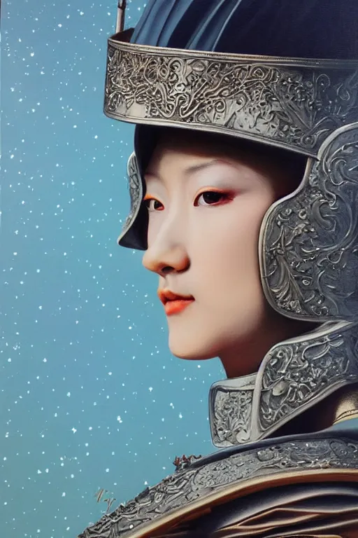 Image similar to hyperrealism oil painting, close-up portrait of medieval fashion model, knight, steel gradient mixed with nebula sky, in style of baroque mixed with 70s japan book art