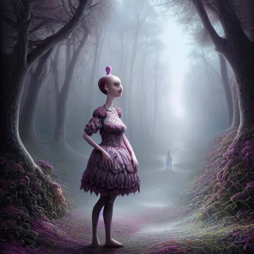 Image similar to beautiful digital fantasy illustration of wandering, but not lost by mark ryden and and iris van herpen, octane render, detail texture, unreal engine, 8 k, ultra hyper realistic quality