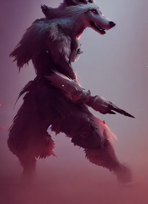 Image similar to handsome dark gray male anthropomorphic wolf fursona, long red hair wearing destiny 2 armor. character design by cory loftis, fenghua zhong, ryohei hase, ismail inceoglu and ruan jia. artstation, volumetric light, detailed, photorealistic, fantasy, rendered in octane