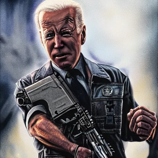 Image similar to joe biden as the terminator shooting Donald Trump with a shotgun, cinematic, establishing shot, extremly high detail, photorealistic, cinematic lighting, artstation, style by James Gurney