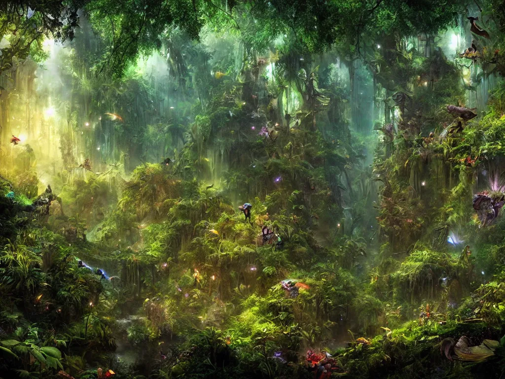 Image similar to a fantasy beautiful dense biorelevant rainforest setting, ultrawide angle, glowing animals surround it with pixie dust ether floating in the air, hdr, epic scale