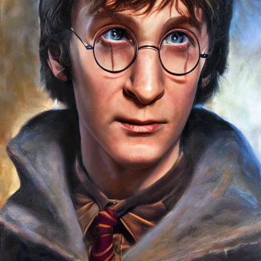 Image similar to detailed portrait of harry potter if his parents lived intricate, hyper detailed, realistic, oil painting, by julie bell, frank frazetta, cinematic lighting