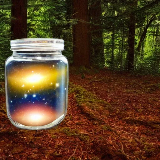 Image similar to galaxies contained in a jar in a forest