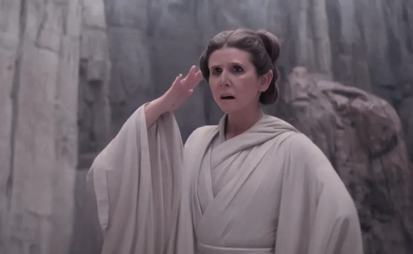 Image similar to screenshot portrait Leia learning the force at Jedi Temple scene from the last jedi, 1970s film by Stanley Kubrick, serene, iconic scene, stunning cinematography, hyper detailed, sharp, anamorphic lenses, kodak color film, 4k