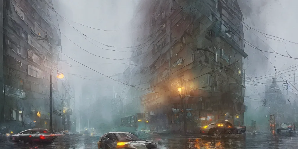 Prompt: stormy, rainy, misty, stylized, exterior, architecture, in watercolor gouache detailed paintings, raytracing, arcane, insanely detail, artstation, 8 k, futuristic, big medium small, simon stalenhag, props, furniture and decor, octane render, cinematic, screenshot, james gurney, ruan jia, comic style