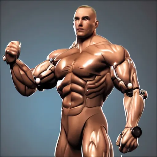 Image similar to a realistic detailed photo of a bodybuilder who is also a male android, Chris Redfield, shiny skin, posing robotically. blank stare