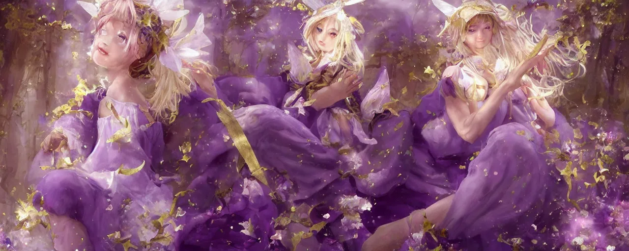 Image similar to Full View of a mysterious fairy maidens with short blond hair wearing an oversized purple Beret, Baggy Purple overall shorts, Short Puffy pants made of silk, silk shoes, a big billowy scarf, Golden Ribbons, white leggings Covered in stars. Short Hair. peasant magic. masterpiece 4k digital illustration by Ruan Jia and Mandy Jurgens and Artgerm and greg rutkowski , award winning, Artstation, art nouveau aesthetic, Alphonse Mucha background, intricate details, realistic, panoramic view, Hyperdetailed, 8k resolution, intricate art nouveau, smooth, sharp focus