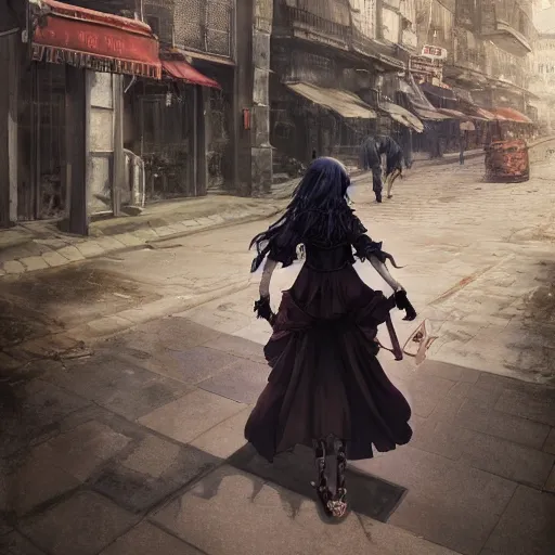 Image similar to goth woman walking on the street, color page, tankoban, 4 k, tone mapping, akihiko yoshida, james jean andrei riabovitchev marc simonetti, yoshitaka amano, long hair, curly, h. hydrochaeri