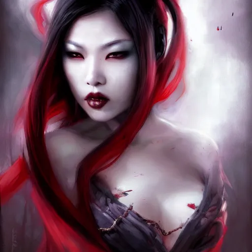 Prompt: beautiful asian vampire woman, paint by Raymond Swanland