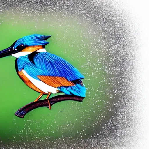 Image similar to a real life kingfisher made out of reflective crystal and very reflective polished metal, in the background is a forest, product photography