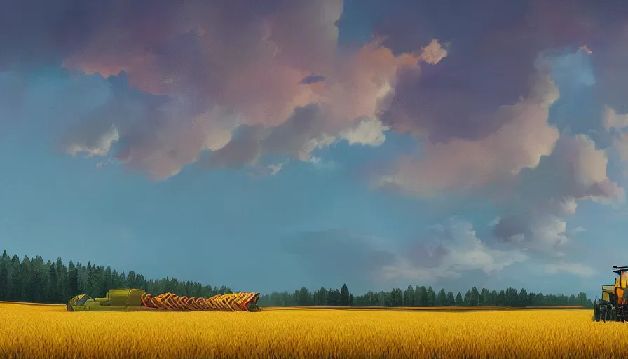 Image similar to colourful sky, wheat field, distant combine harvesters, big trees, matte painting, art station, digital art, simon stalenhag