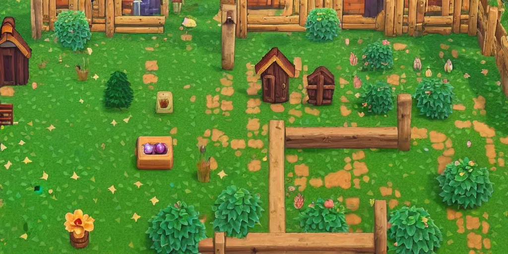 Prompt: miniature garden, cottagecore, animal crossing, stardew valley, moss, plants, cute, friendly