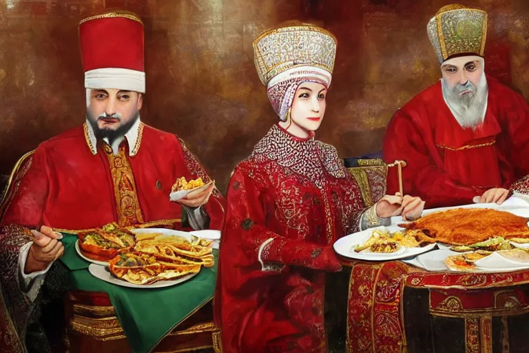 Image similar to Ottoman Sultan Mehmet IV and his wife Sultan Gülnuş eating shawarma in a restaurant in Downtown New York, wearing red ovular turbans and a luxurious Ottoman coats, super realistic facial features, detailed face, Ottoman Sultanate, expressive, photorealistic, hyperrealism, micro details, HDR Shot