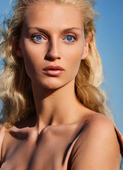 Prompt: color photograph of an olive skinned blonde female model in her early thirties, her hair pinned up, wearing a designer top, looking content, focused on her neck, facing the camera, photo realistic, extreme detail skin, natural beauty, no filter, slr, golden hour, 4 k, high definition, selfie