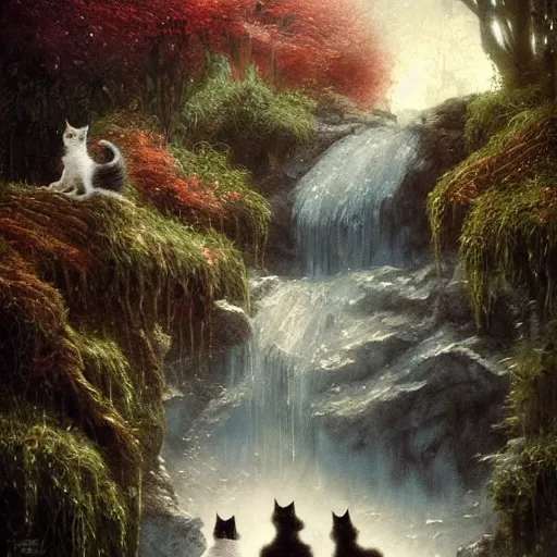 Prompt: two kittens watching the waterfall in the enchanted forest, fantasy, intricate, extremely detailed, matte, artstation, art by greg rutkowski, louis wain, alan lee