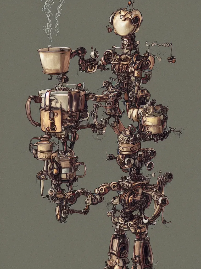 Prompt: full-length portrait of a singular old mechanical humanoid robot offering a cup of steaming coffee, by Yoshita Amano, sharp focus, fresh colors, deviantart, conceptart