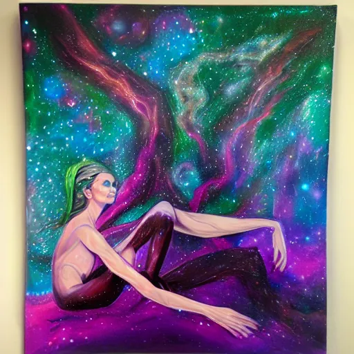 Image similar to hypersurreal dreamlike fey reclining on cosmic roots, infinity, nebula, smeared acrylic paint, concept art