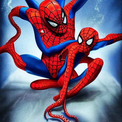 Image similar to octopus attacking and suffocating spiderman, photorealistic