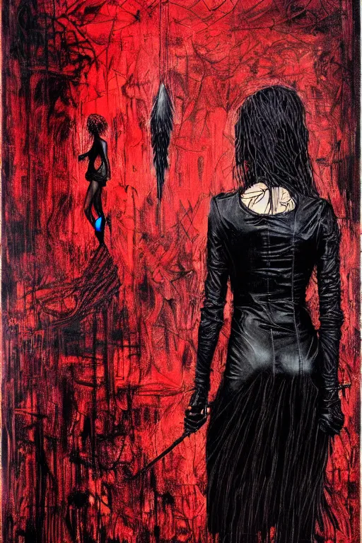 Image similar to dreamy gothic girl, long black leather, wet red brush, beautiful woman body, detailed acrylic, grunge, intricate complexity, by dan mumford and by alberto giacometti, peter lindbergh