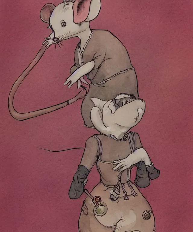 Image similar to a watercolor ink painting of the selfless female anthropomorphic mouse midwife. her wardrobe is complicated in the style of moebius in the style of anti - art trending on artstation deviantart pinterest furaffinity hyper detailed photorealistic highlights and shadow hd 8 k post - processing high resolution