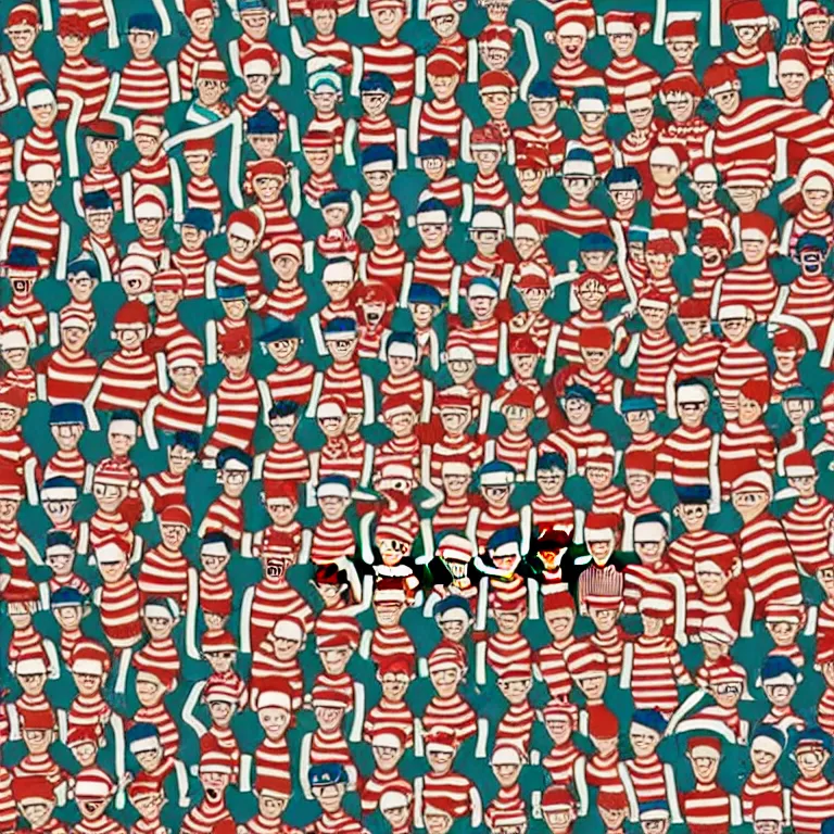 Image similar to high quality illustration of waldo from where's waldo in a high detailed full page spread from the where's waldo book at a densely populated beach, high angle medium wide, where's waldo character large in the top right, high detail illustration, coherent