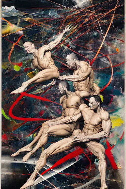 Prompt: two muscular men entwined, floating in space, zero gravity, inside a brutalist space ship, gothic, rich deep colours, painted by francis bacon, adrian ghenie, james jean and petra cortright, part by gerhard richter, part by takato yamamoto. 8 k masterpiece