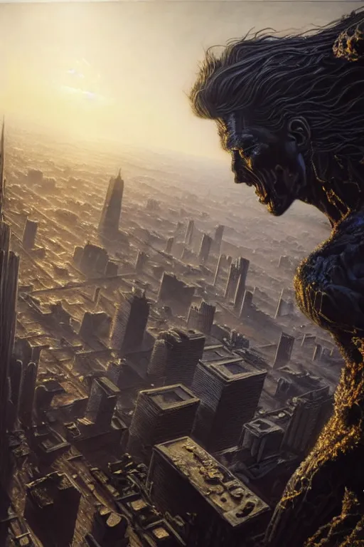 Image similar to hyperrealistic mixed media painting of a stunning giant gigachad, towering over a helpless city, despair, stunning 3d render inspired art by P. Craig Russell and Barry Windsor-Smith + perfect facial symmetry + dim volumetric lighting, 8k octane beautifully detailed render, post-processing, extremely hyperdetailed, intricate, epic composition, grim yet sparkling atmosphere, cinematic lighting + masterpiece, trending on artstation, very very detailed, masterpiece, stunning