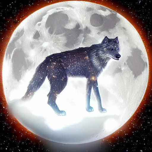 Image similar to a clear, sparkling diamond wolf in front of a full moon, fantasy art, lens flares, high definition