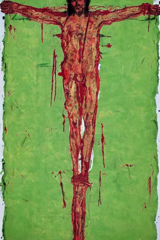 Image similar to green background with bloody christ crucified painted by cy twombly and andy warhol