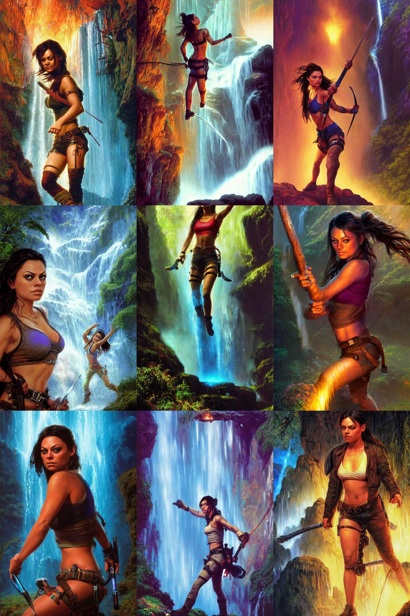 Prompt: close portrait of mila kunis as a muscled tomb raider, bright colors, sparkles, mist from waterfall, cave glowing stones, epic composition, donato giancola, tim hildebrandt, wayne barlow, bruce pennington, larry elmore