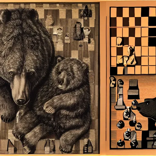 Prompt: jerry garcia and a bear playing chess, drawing by mc escher, hyper realistic, volumetric lighting