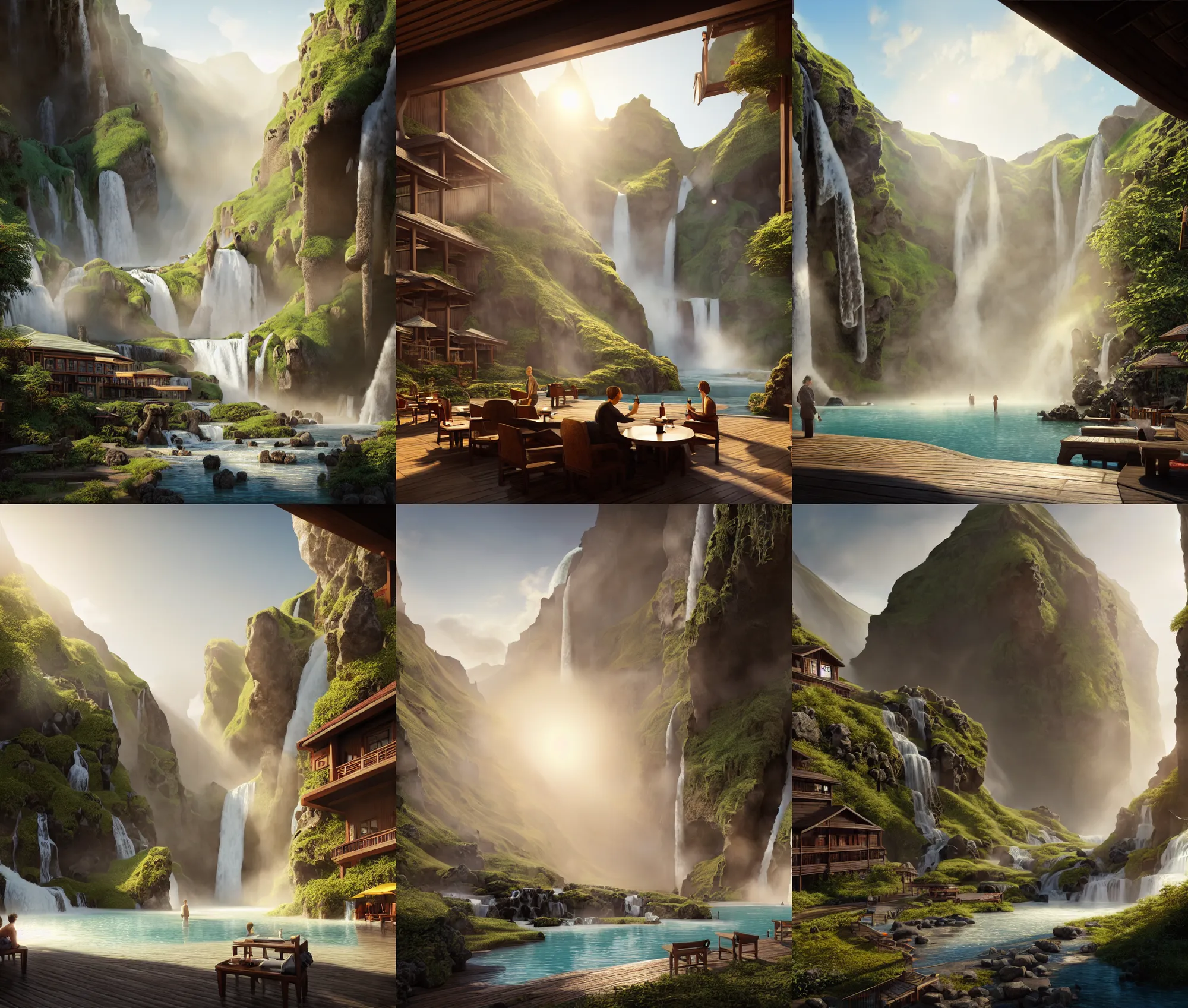 Prompt: establishing wide shot inside resort hotel, beside the combination of iceland hot springs and yangtze river waterfalls, movie still, sunny morning light, soft sunbeam, travel ad, detailed concept art by greg rutkowski and james gurney, artstation, realistic, fine details, 4 k, unreal engine, hyperrealism, detailed textures