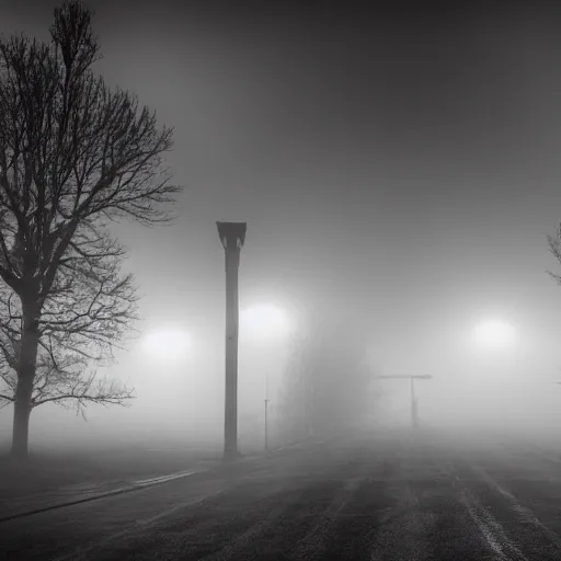 Prompt: creepy town covered in heavy fog with monsters