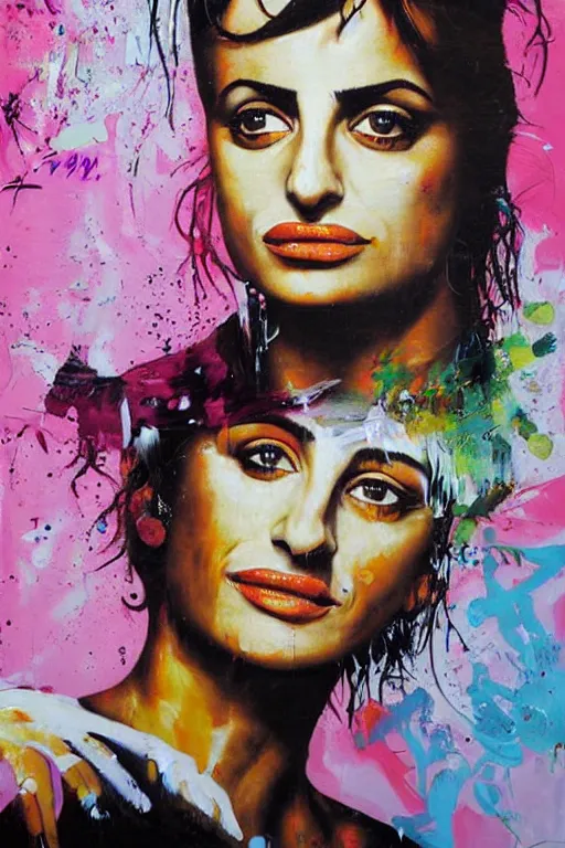 Prompt: oil painting, portrait of penelope cruz, wall with graffiti, splash painting, by bansky