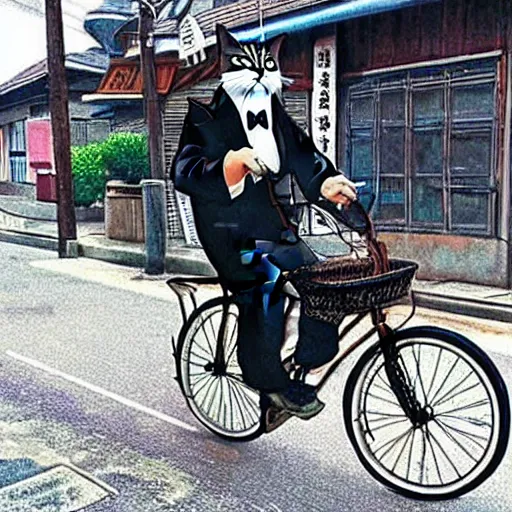 Image similar to “ angry cat wearing a suit riding a bike, studio ghibli, spirited away, anime, by hayao miyazaki ”