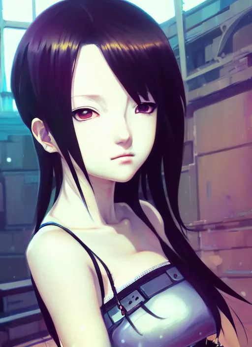 Image similar to portrait of beautiful young anime girl, cute-fine-face, realistic shaded, Perfect face, fine details. Anime, cyberpunk, Final fantasy, tifa, highly detailed, artstation, illustration, art by Ilya Kuvshinov and Gustav Klimt