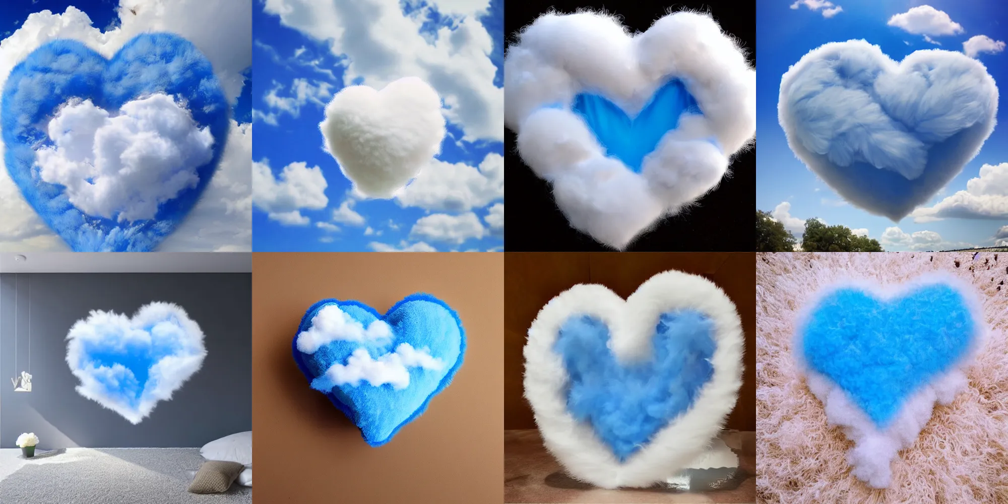 Prompt: beautiful fluffy cloud in shape of heart on blue clear sky, detailed, hyper realism, photo, realistic, soft feather, volume light, sss, view up