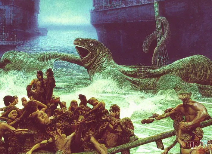 Image similar to photo of wet slimy godzilla attacking the raft of the medusa, by lawrance alma - tadema by roger corman by richard corben by rick baker, fujifilm velvia 5 0. masterpiece, intricate, hyper realism, high detail, octane render, unreal engine, 8 k