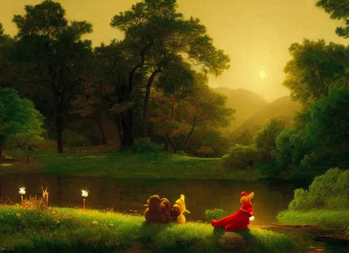 Image similar to american realist romanticism landscape painting of winnie the pooh characters at night, night time, colorful paper lanterns, in the style of hudson river school and thomas cole and albert bierstadt and robert duncanson and vincent van gogh