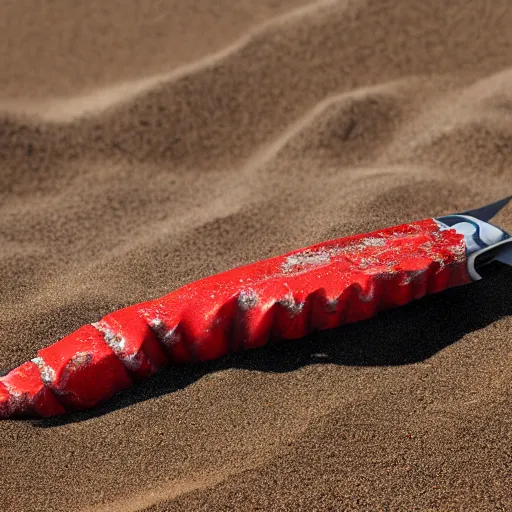 Prompt: a closeup photorealistic photograph of a red knife on the beach halfway covered with sand, fantastic four theme. bright scene. fine detail. this 4 k hd image is trending on artstation, featured on behance, well - rendered, extra crisp, features intricate detail, epic composition and the style of unreal engine.